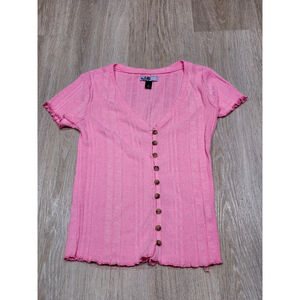 Vyllette Pink Ribbed Button Front Short Sleeve Top Size Small